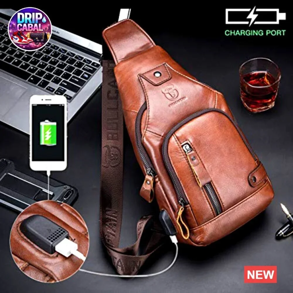 Genuine Leather Sling Bag with USB Charging Port Multi-pocket Chest Bag